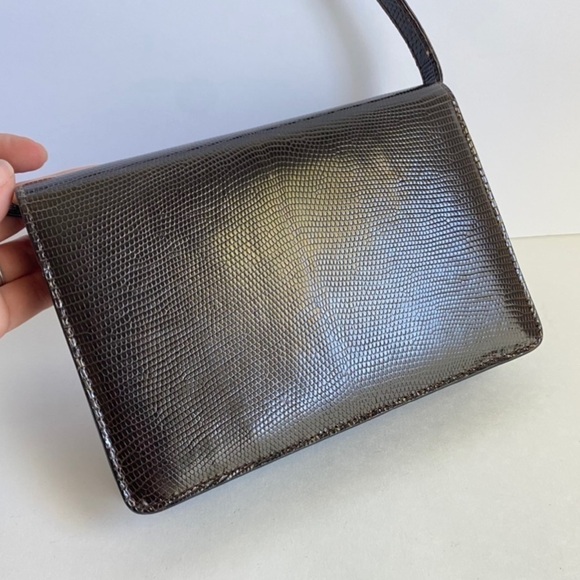 Vintage Gucci Lizard Skin Shoulder Bag Brown Reptile Purse Tigers Eye Clasp 80s - Picture 8 of 13